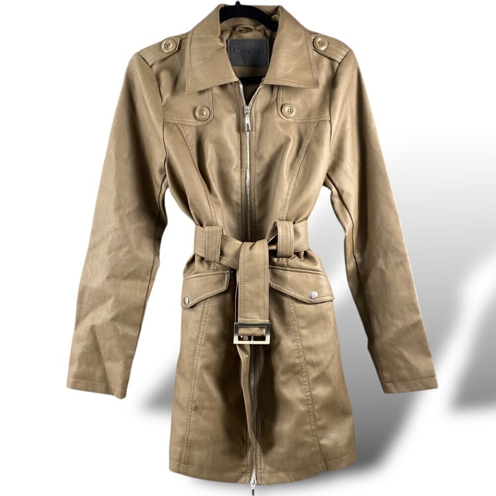 Ci Sono by Cavalini Jacket Womens Sz M Brown Faux Leather Belted Collar Jacket